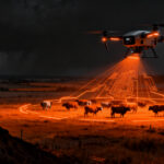 Dron autónomo de GrazeMate sobrevolando ganado, representando la automatización y el futuro de la tecnología AgroTech.
