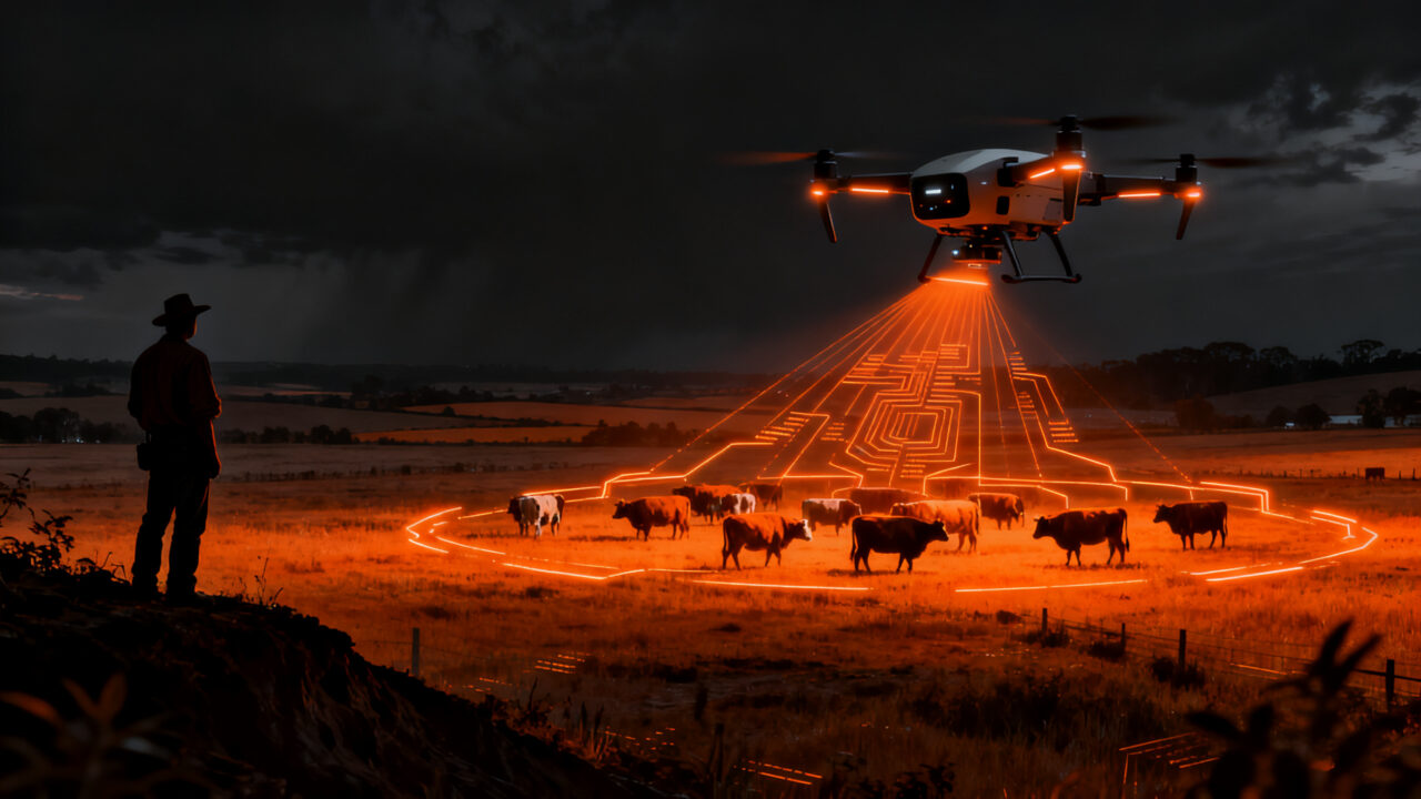 Dron autónomo de GrazeMate sobrevolando ganado, representando la automatización y el futuro de la tecnología AgroTech.