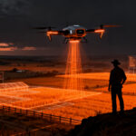 Dron autónomo de la startup GrazeMate sobrevolando una finca ganadera moderna, representando la automatización con IA en el sector AgTech.