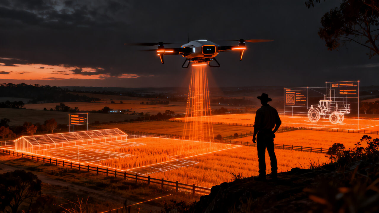 Dron autónomo de la startup GrazeMate sobrevolando una finca ganadera moderna, representando la automatización con IA en el sector AgTech.