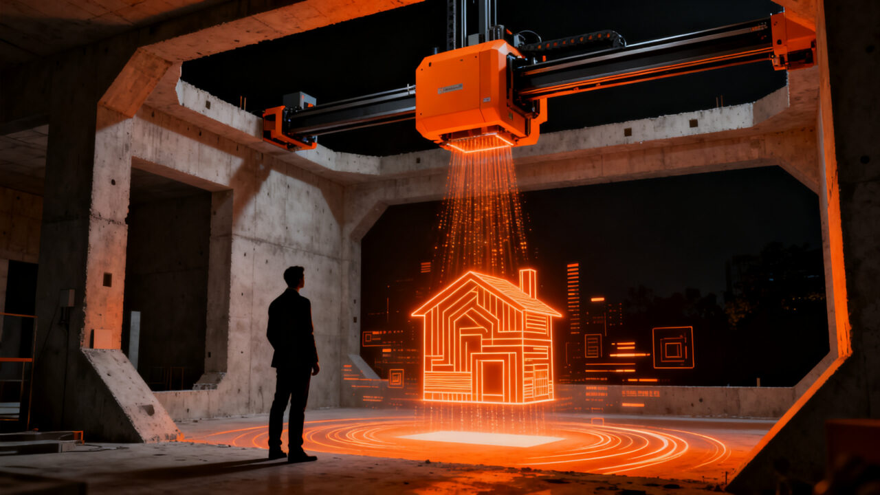 Impresión 3D de hormigón en construcción, representando la automatización de obra gris de la startup Grondplek.