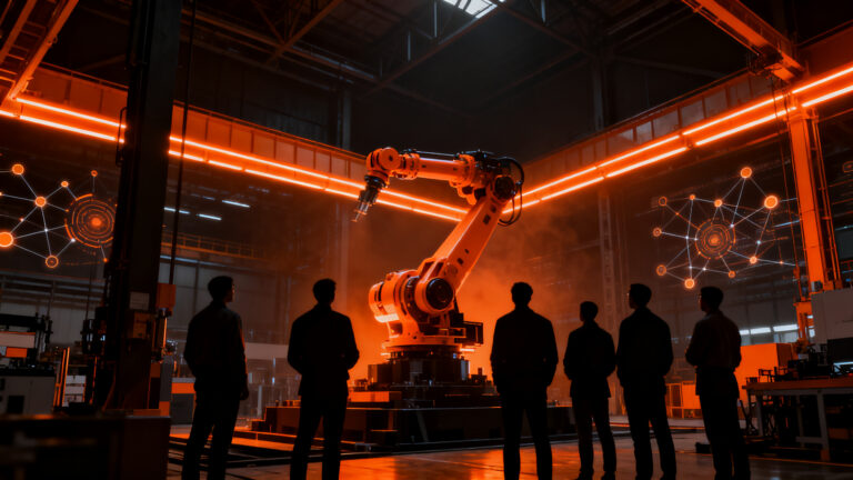 Líderes industriales analizando el impacto del Reglamento Europeo de Máquinas en la automatización y digitalización de fábricas 4.0.