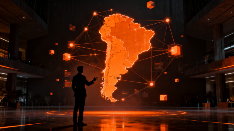 Guía turístico digital interactuando con una plataforma tech, representando la transformación digital del turismo en Argentina.