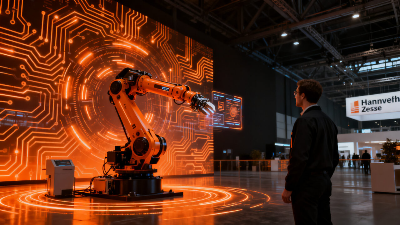 Representación de la participación de startups españolas en la feria de robótica industrial Hannover Messe 2027 coordinada por ICEX.