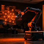 Robot doméstico avanzado Hello Robot Stretch 4 interactuando en un entorno moderno, representando el futuro de la IA aplicada en robótica asistencial.
