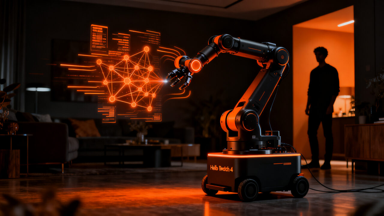 Robot doméstico avanzado Hello Robot Stretch 4 interactuando en un entorno moderno, representando el futuro de la IA aplicada en robótica asistencial.