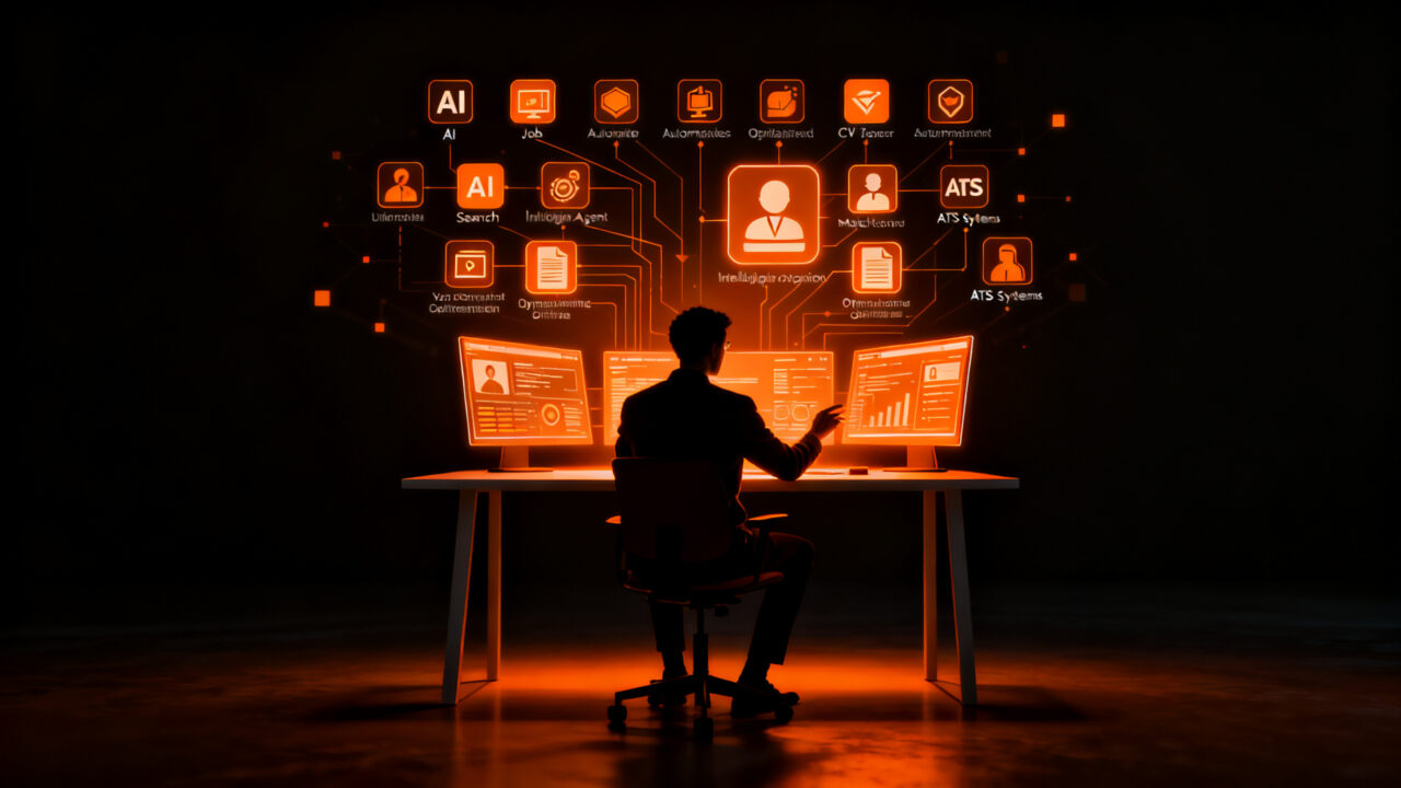 Profesional utilizando herramientas de IA para búsqueda de empleo en 2026, mostrando automatización laboral y tecnología HRTech
