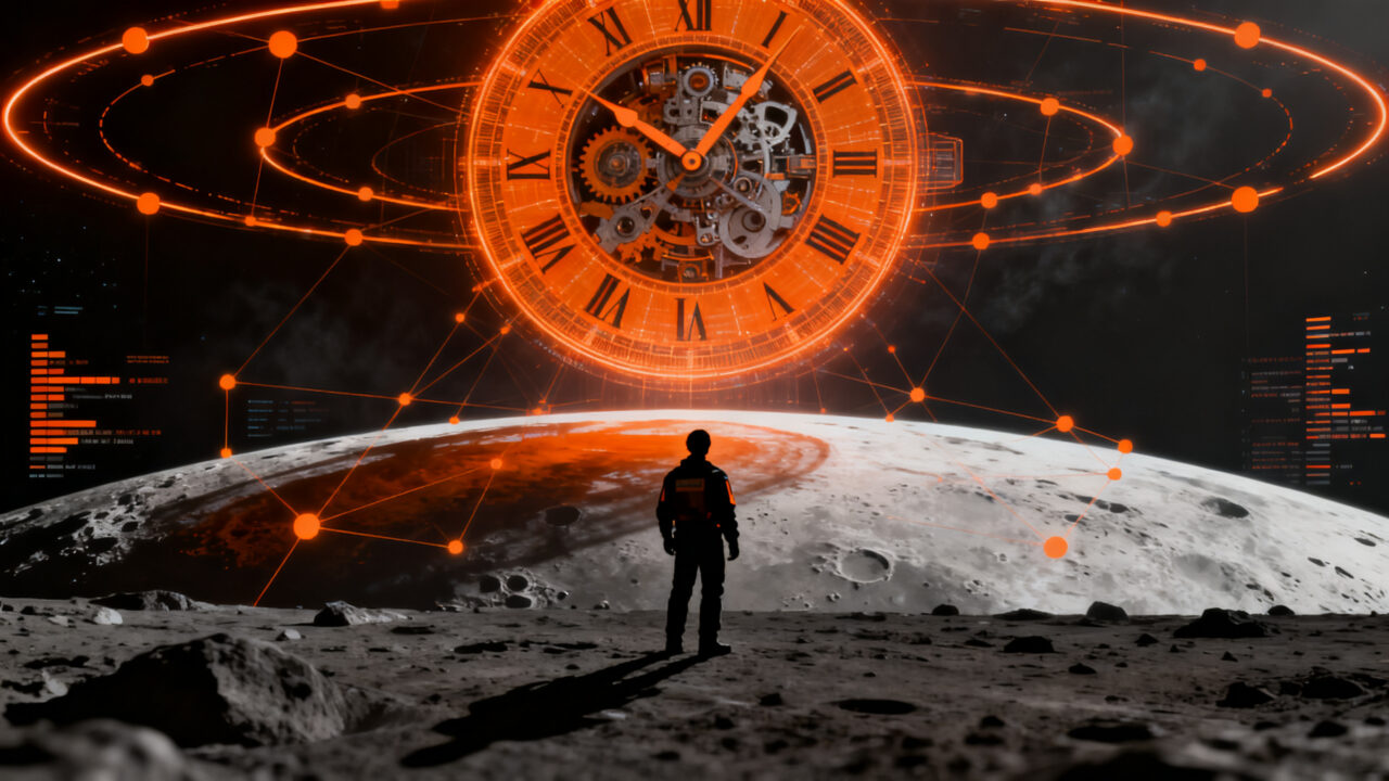 Representación visual de la carrera espacial y el ajuste de la hora lunar LTC para startups del sector NewSpace.
