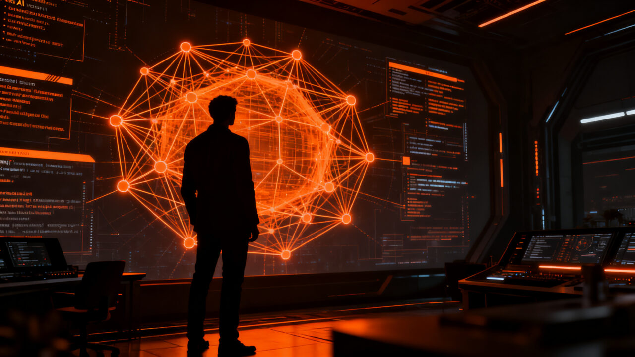 Líder tecnológico gestionando redes de IA agéntica en el desarrollo de software empresarial para 2026.