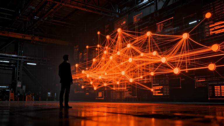 Transformación laboral por inteligencia artificial, mostrando a un profesional adaptándose a la automatización y creación de nuevos empleos en 2030.