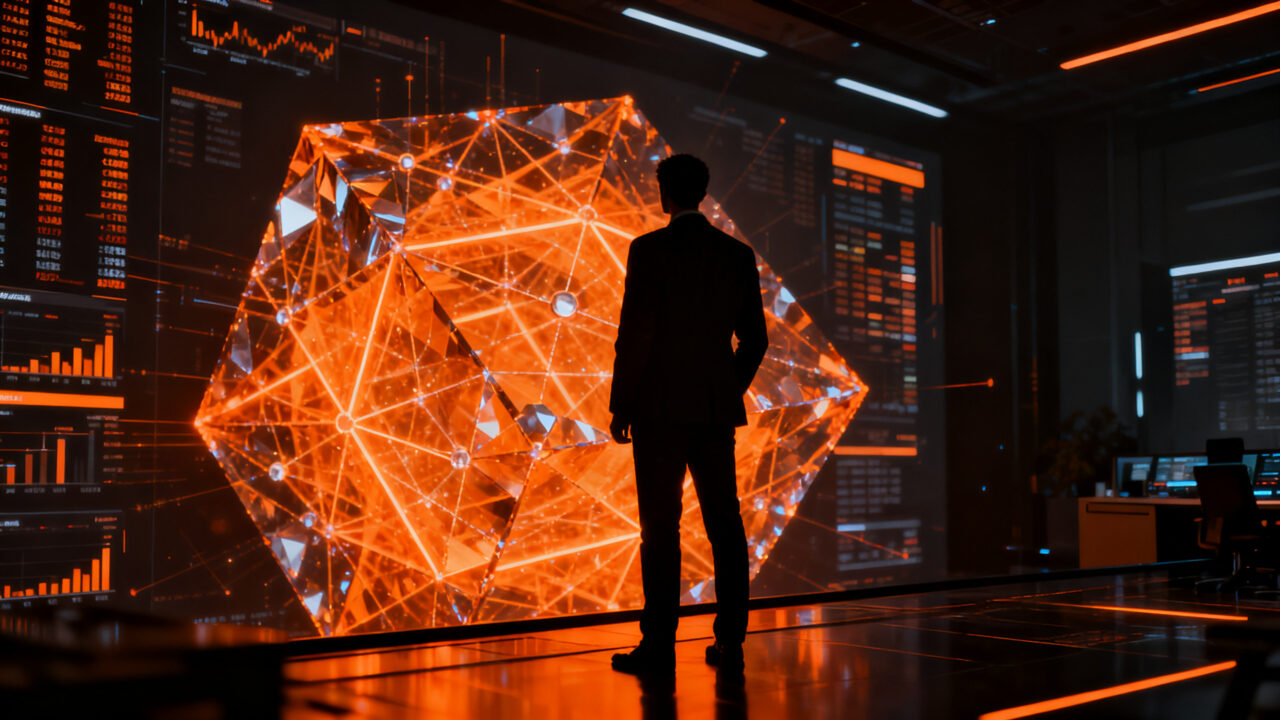 Líder financiero analizando datos de IA y automatización para fondos de cobertura y CLO en un entorno fintech.