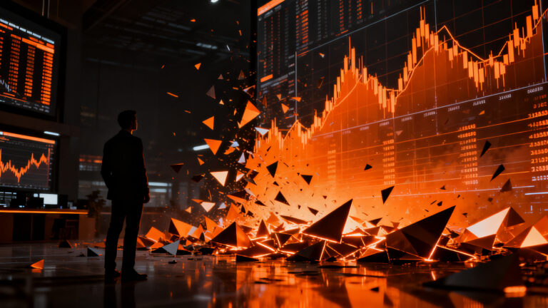Agentes de IA autónomos operando en mercados financieros, representando el riesgo sistémico y la volatilidad en el trading algorítmico.