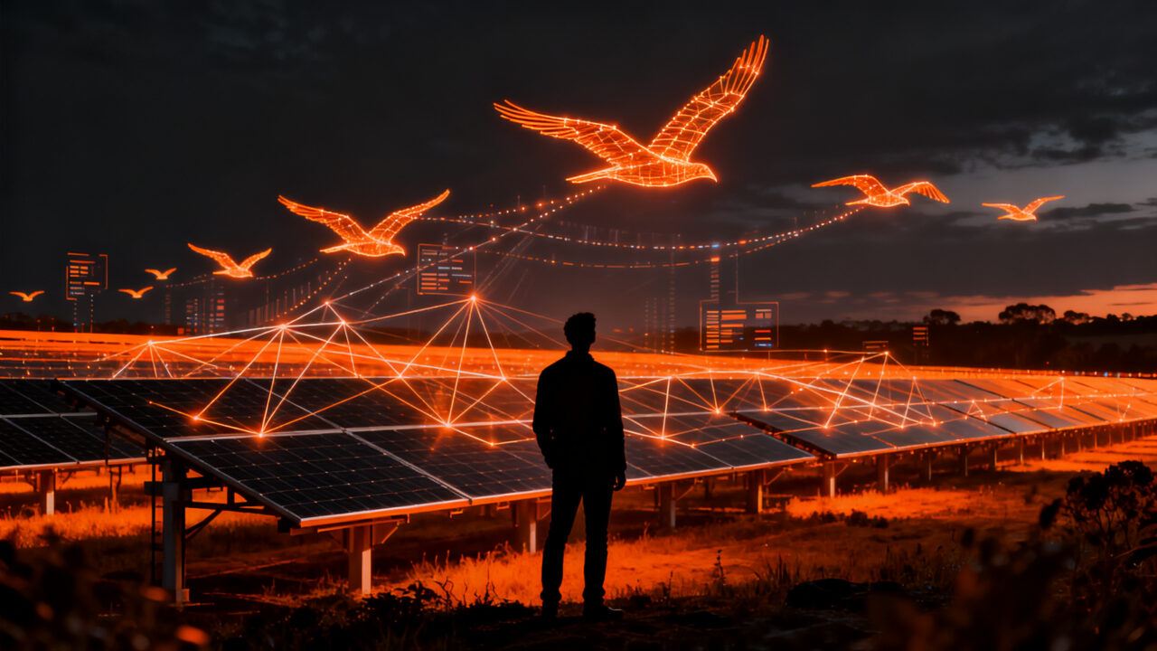 Startup de GreenTech utilizando IA para analizar el impacto positivo de parques solares en la biodiversidad de aves, análisis de datos ambientales.