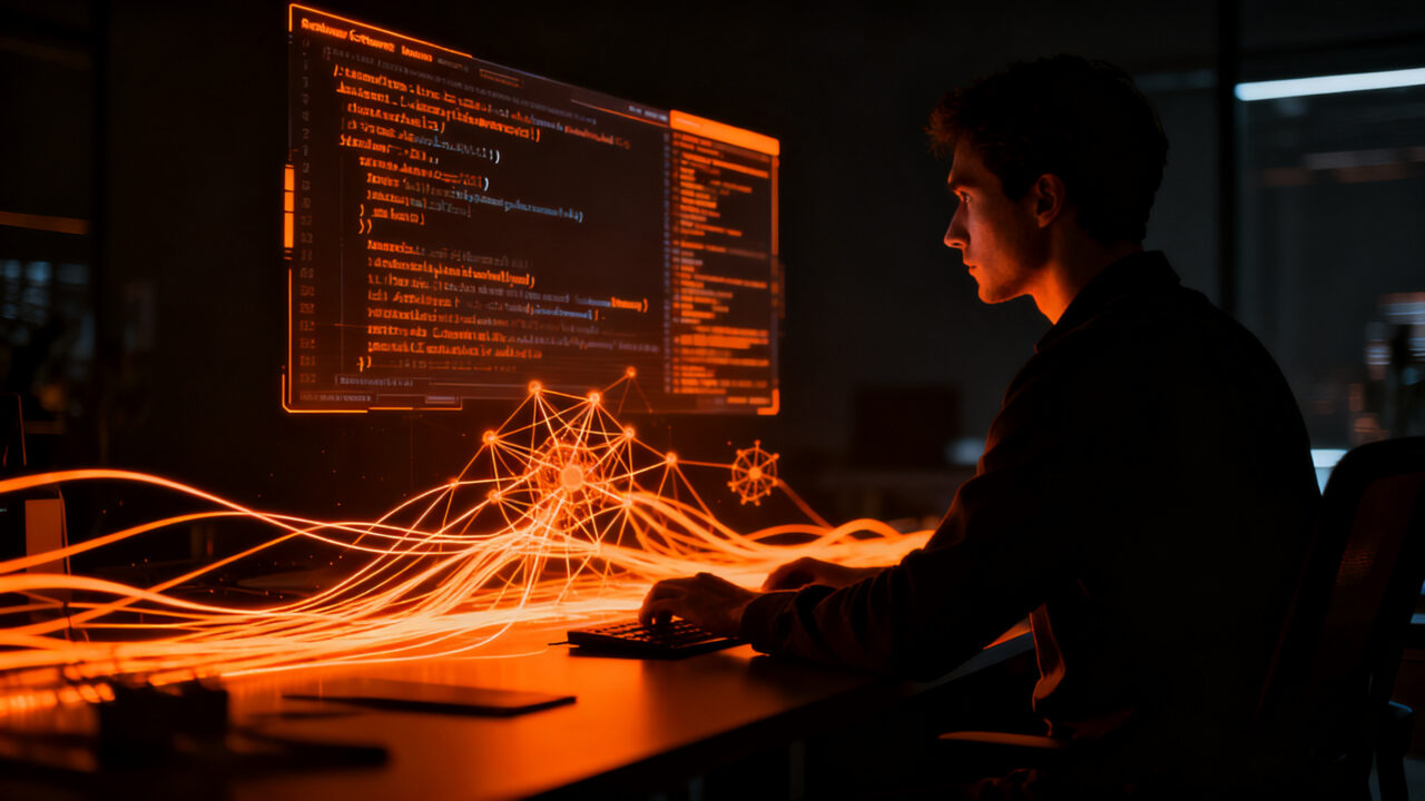 Desarrollador revisando código mediante inteligencia artificial para aumentar la productividad en equipos de ingeniería.