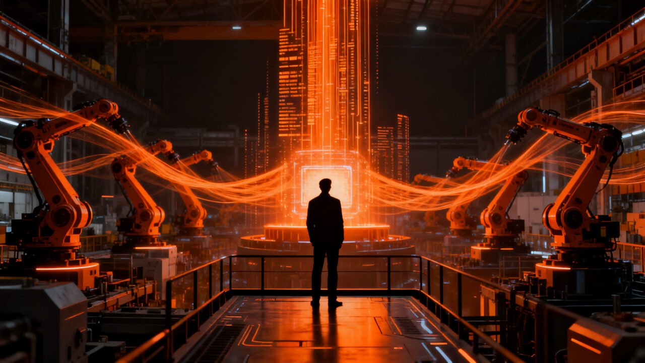 Emprendedor supervisando una planta industrial automatizada con IA para reducir emisiones y mejorar la eficiencia energética en 2026.