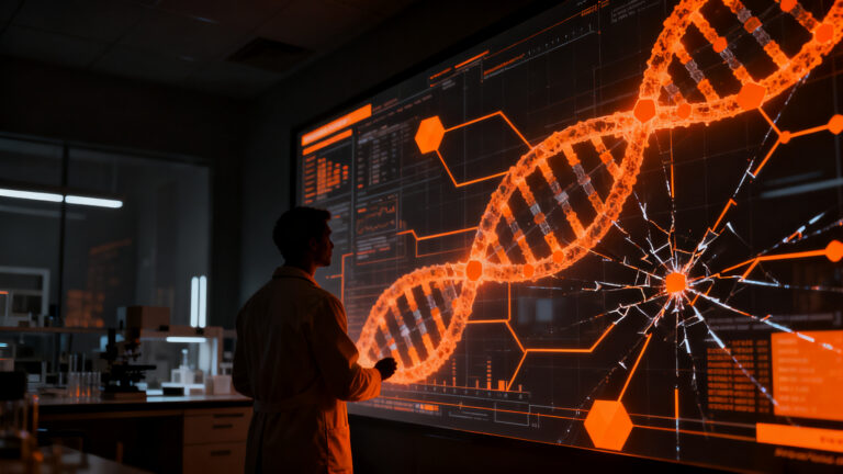 Investigador analizando datos médicos con IA, representando la ética y el sesgo en ensayos clínicos de HealthTech.