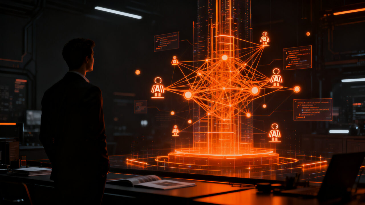 Ingeniero de software observando una red de agentes de IA, representando el futuro del trabajo tecnológico y la evolución de las habilidades técnicas.