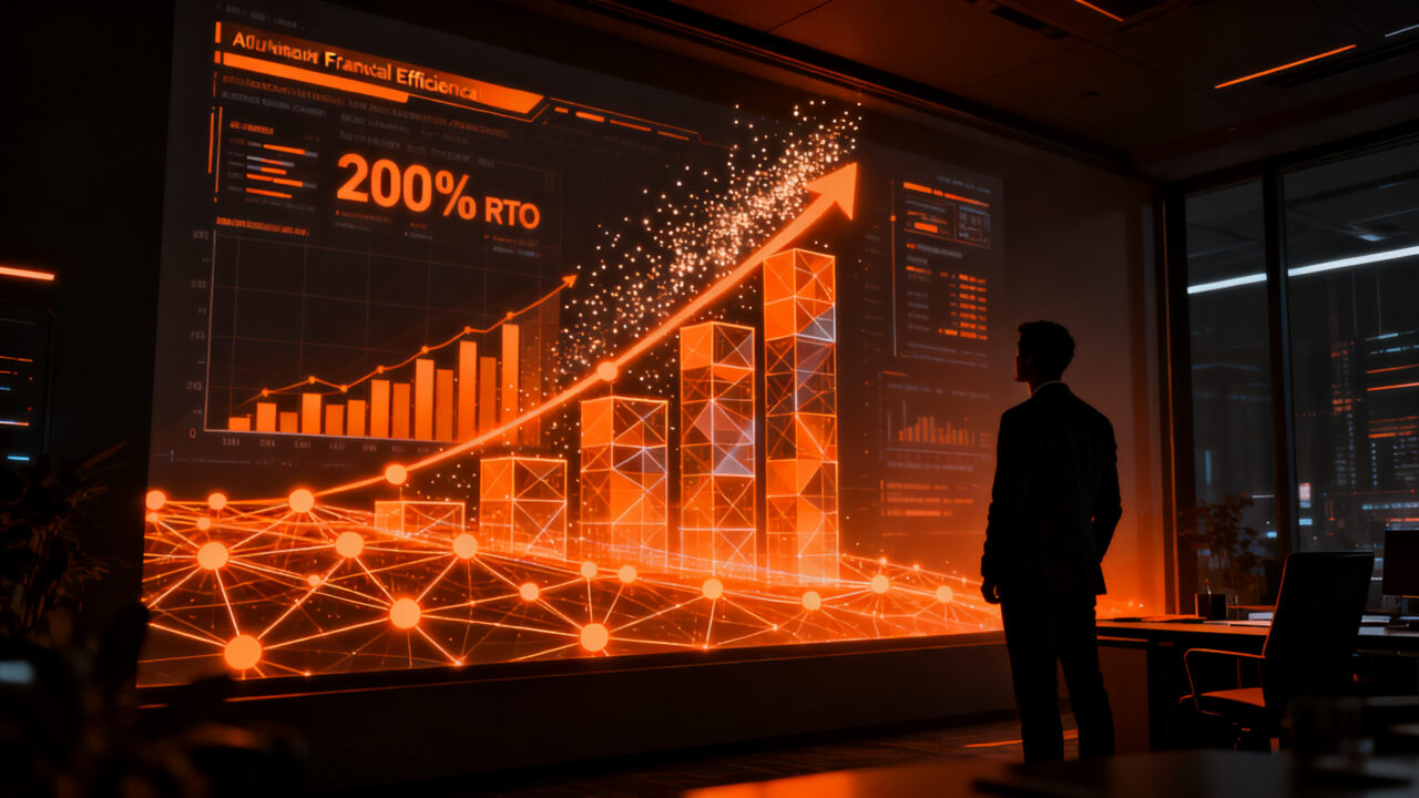 CFO analizando métricas de IA en una interfaz financiera para startups, representando la automatización y eficiencia operativa.