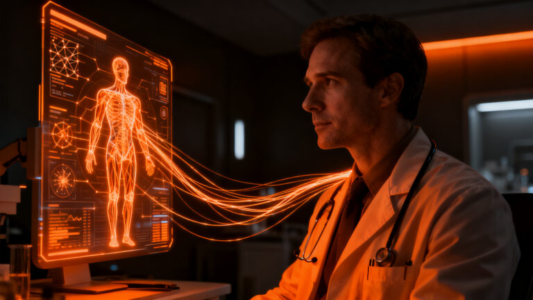 Un médico analizando datos complejos en una interfaz de IA médica, representando la integración de ChatGPT en el diagnóstico clínico según estudios de JAMA y Lancet.