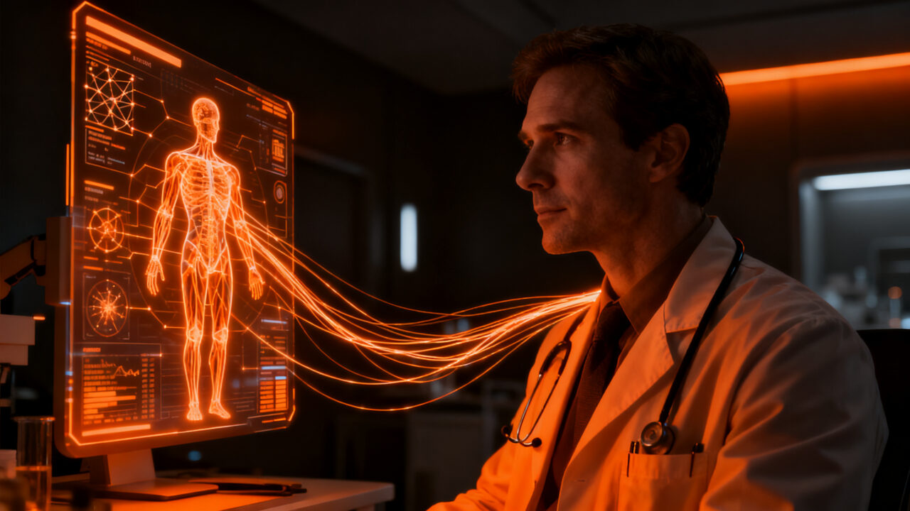 Un médico analizando datos complejos en una interfaz de IA médica, representando la integración de ChatGPT en el diagnóstico clínico según estudios de JAMA y Lancet.