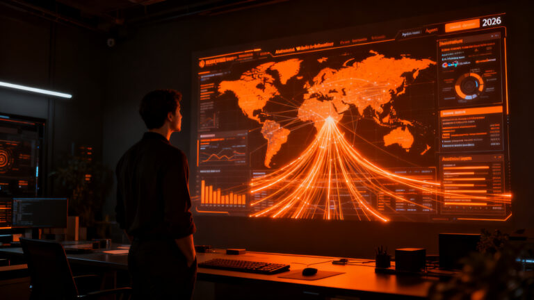 Un emprendedor analizando datos de mercado en una interfaz futurista, representando el monitoreo web con IA de Apple y Google.