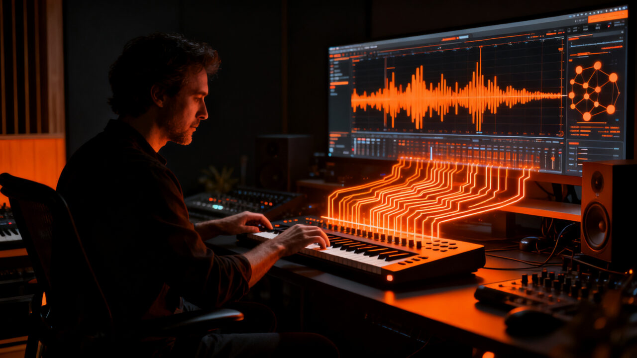 Ingeniero de audio utilizando IA musical de baja latencia Magenta RealTime 2 en un entorno de trabajo creativo.