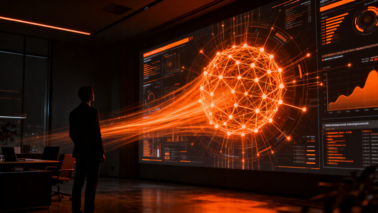 Ejecutivo peruano analizando datos de inteligencia artificial para optimizar la productividad y transformación digital en empresas.