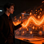 Emprendedor analizando datos complejos y eficiencia operativa con IA en una startup tecnológica.