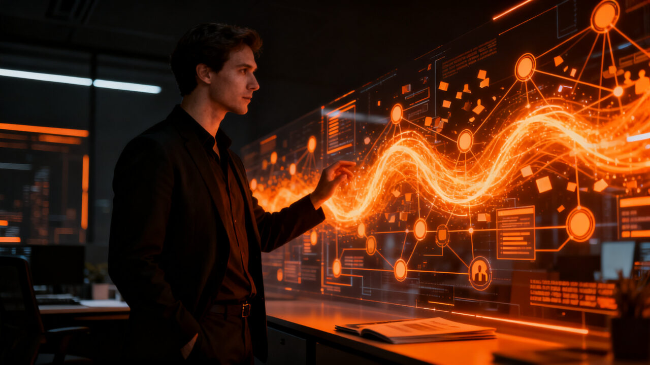 Emprendedor analizando datos complejos y eficiencia operativa con IA en una startup tecnológica.