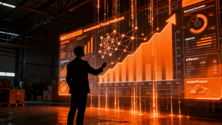 Agente de IA interactuando con datos de ventas en una empresa alimentaria, simbolizando la transformación digital y automatización de PYMES.