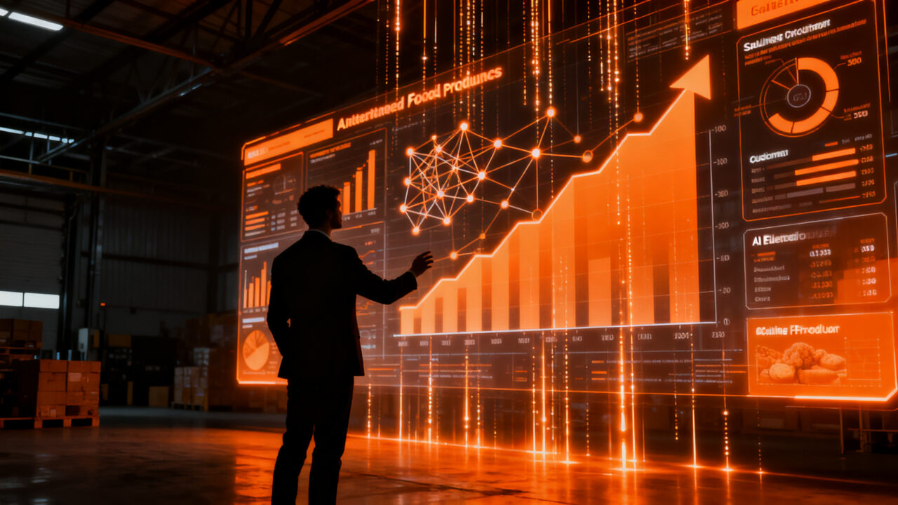 Agente de IA interactuando con datos de ventas en una empresa alimentaria, simbolizando la transformación digital y automatización de PYMES.
