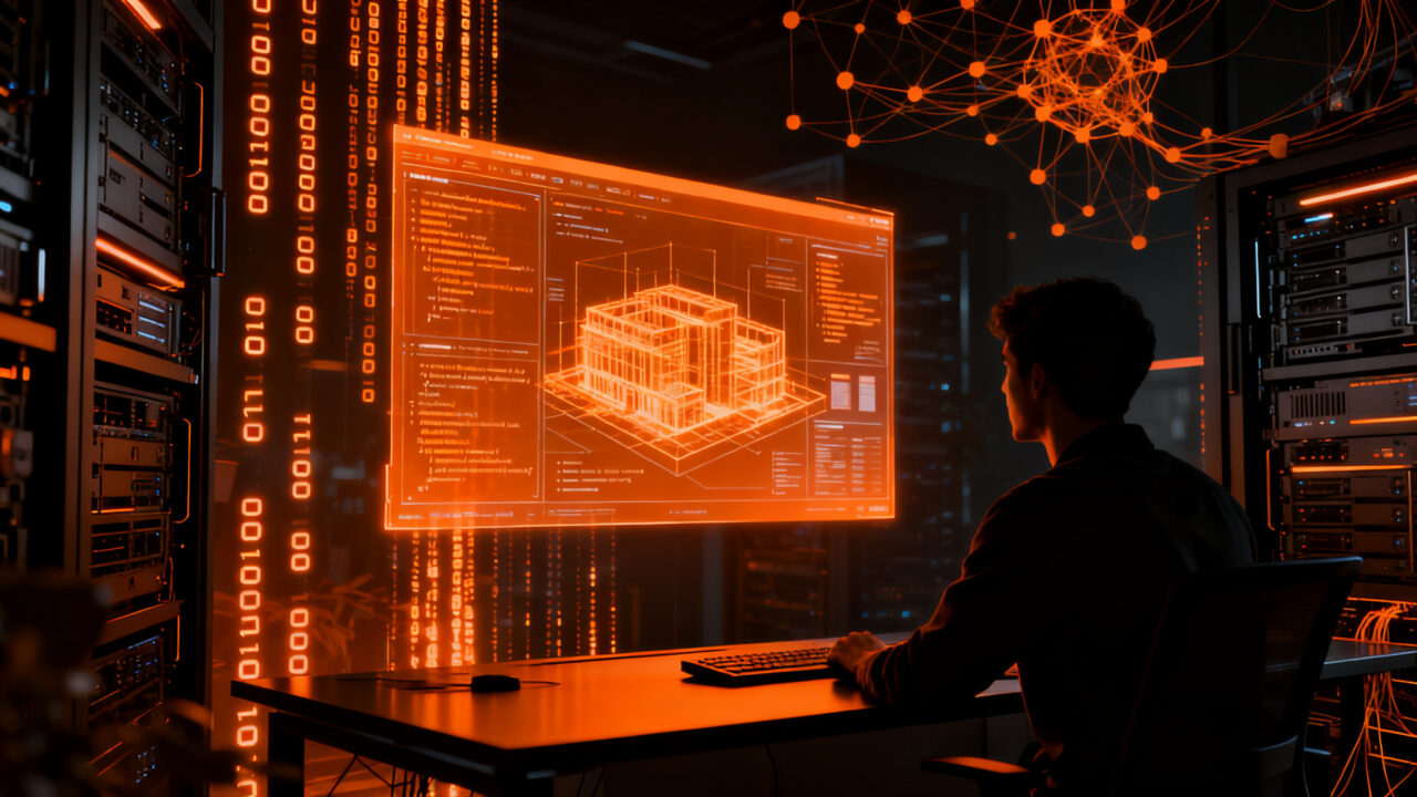 Programador interactuando con documentación técnica generada por IA, representando la eficiencia en el desarrollo de software en 2026.