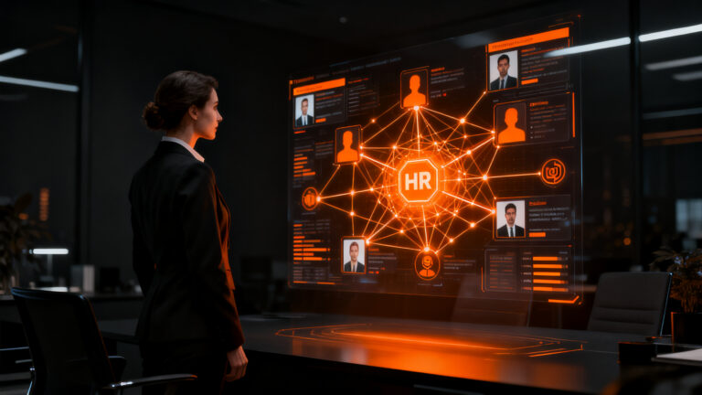 Empresa utilizando inteligencia artificial para la selección de talento humano en un entorno tecnológico avanzado.