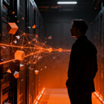 Empresario analizando una red neuronal digital en un entorno oscuro, representando la escasez de datos para IA y la estrategia competitiva de startups.