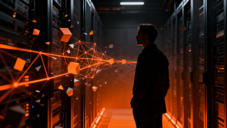Empresario analizando una red neuronal digital en un entorno oscuro, representando la escasez de datos para IA y la estrategia competitiva de startups.
