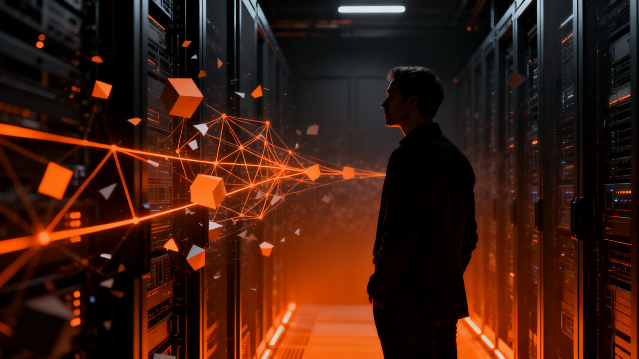 Empresario analizando una red neuronal digital en un entorno oscuro, representando la escasez de datos para IA y la estrategia competitiva de startups.