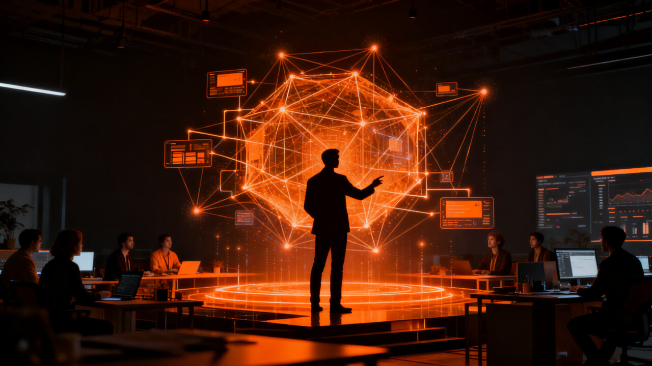 CEO de startup liderando equipo humano junto a una red de inteligencia artificial para SaaS, representando liderazgo tech y automatización.