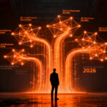 Emprendedor visualizando oportunidades de negocio con inteligencia artificial para el año 2026 en un entorno digital innovador.