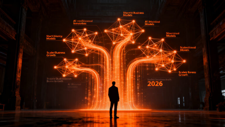 Emprendedor visualizando oportunidades de negocio con inteligencia artificial para el año 2026 en un entorno digital innovador.