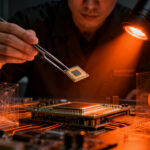 Investigador analizando chips 6G de alta frecuencia para el desarrollo de hardware de telecomunicaciones de próxima generación.