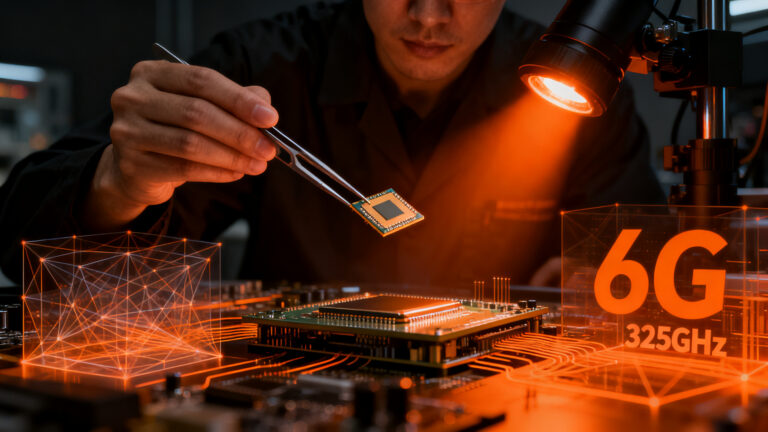 Investigador analizando chips 6G de alta frecuencia para el desarrollo de hardware de telecomunicaciones de próxima generación.