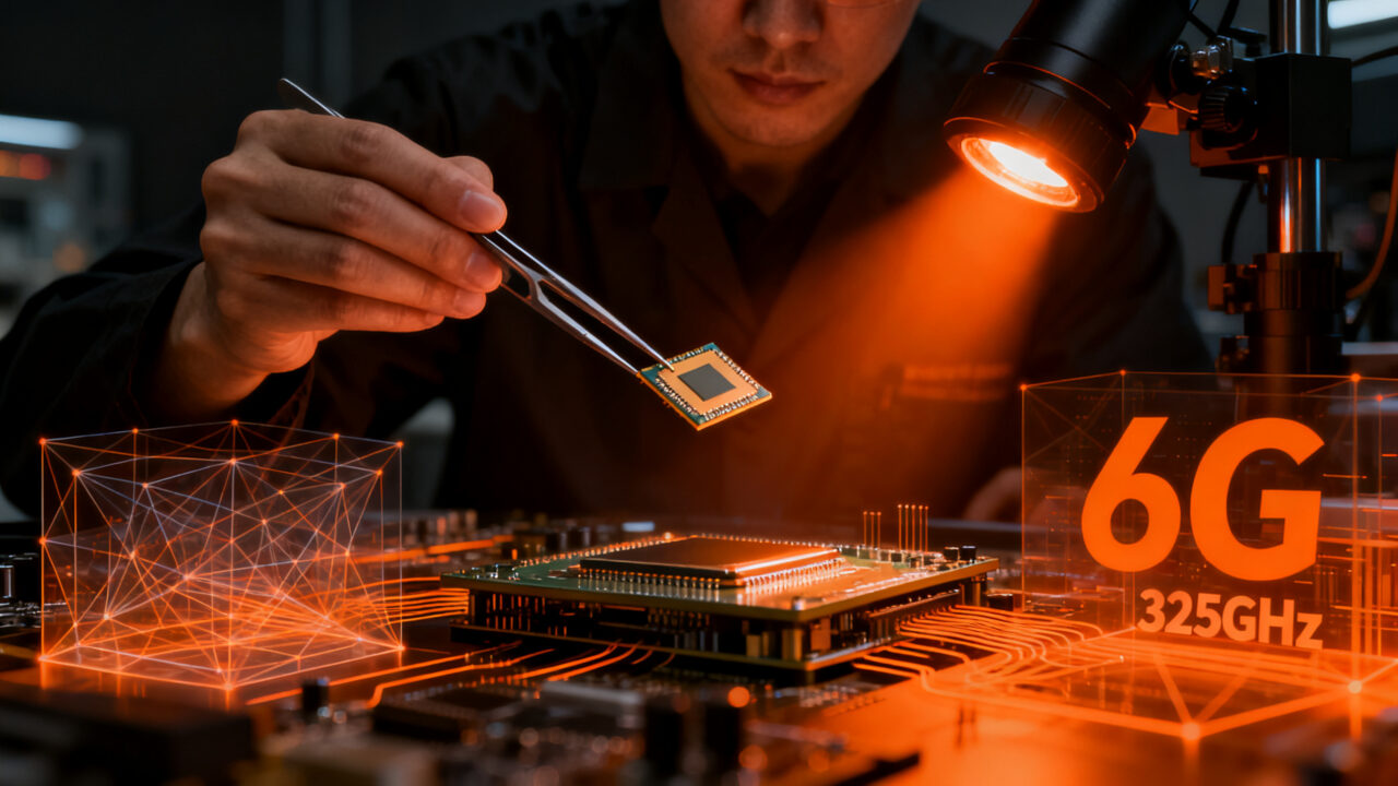 Investigador analizando chips 6G de alta frecuencia para el desarrollo de hardware de telecomunicaciones de próxima generación.
