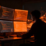 Analista de software revisando código complejo en un entorno oscuro, analizando el impacto de la IA en la calidad del desarrollo y los bugs.