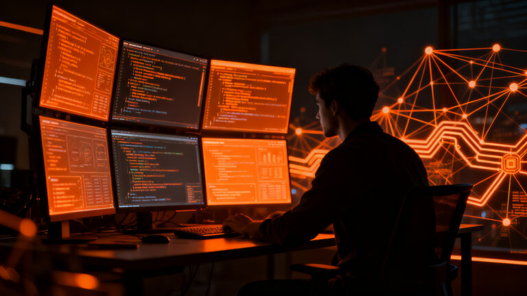 Analista de software revisando código complejo en un entorno oscuro, analizando el impacto de la IA en la calidad del desarrollo y los bugs.