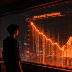 Impacto de la inteligencia artificial en el empleo tech, con un desarrollador junior observando una proyección de datos en California.