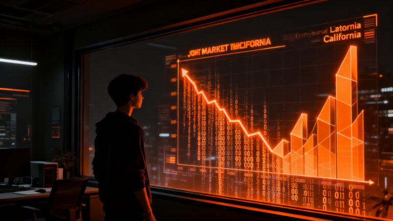 Impacto de la inteligencia artificial en el empleo tech, con un desarrollador junior observando una proyección de datos en California.