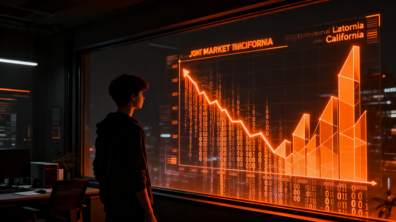 Impacto de la inteligencia artificial en el empleo tech, con un desarrollador junior observando una proyección de datos en California.