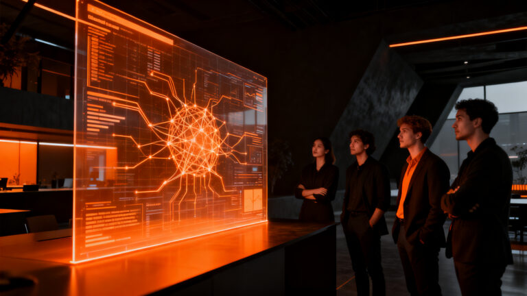 Emprendedores colaborando ante una red de inteligencia artificial en el programa Impulsa Startup León.