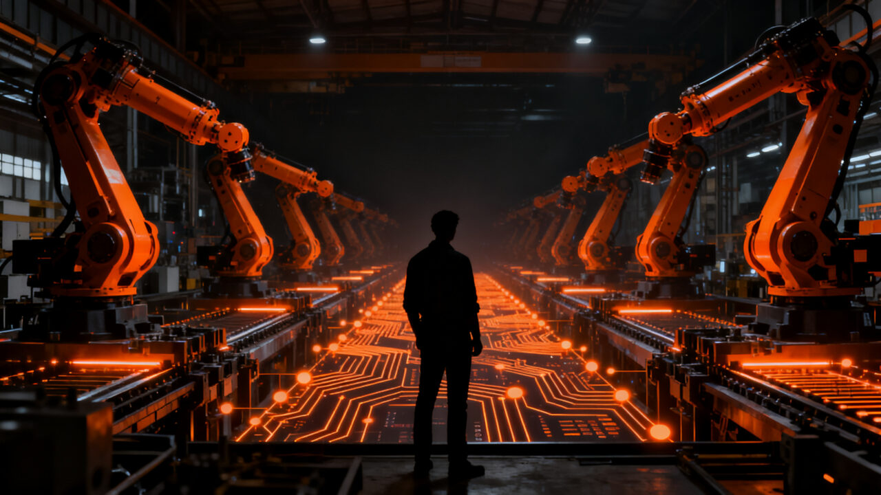 Un ingeniero analizando una planta industrial automatizada con IA, representando la transformación digital de la industria metalúrgica en 2026.