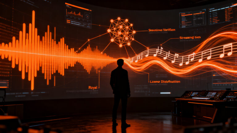 Emprendedor analizando redes neuronales de música y datos de streaming, representando las oportunidades de startups en la industria musical con IA.